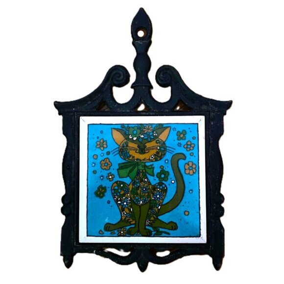 MCM Holt Howard Groovy 1970's Cat Tile Cast Iron Trivet, Wall Decor - Picture 1 of 10